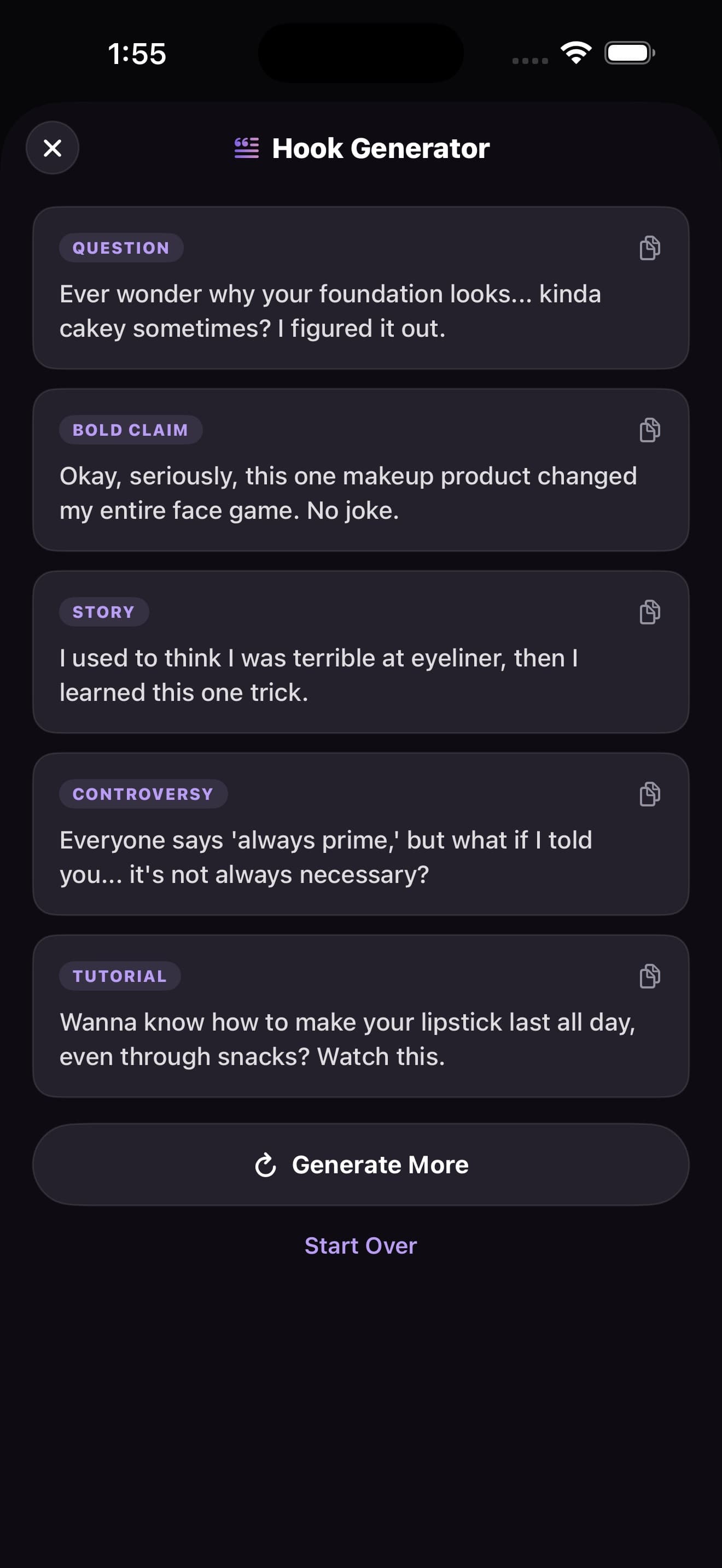 Clout Hook Generator with first-line options for a video