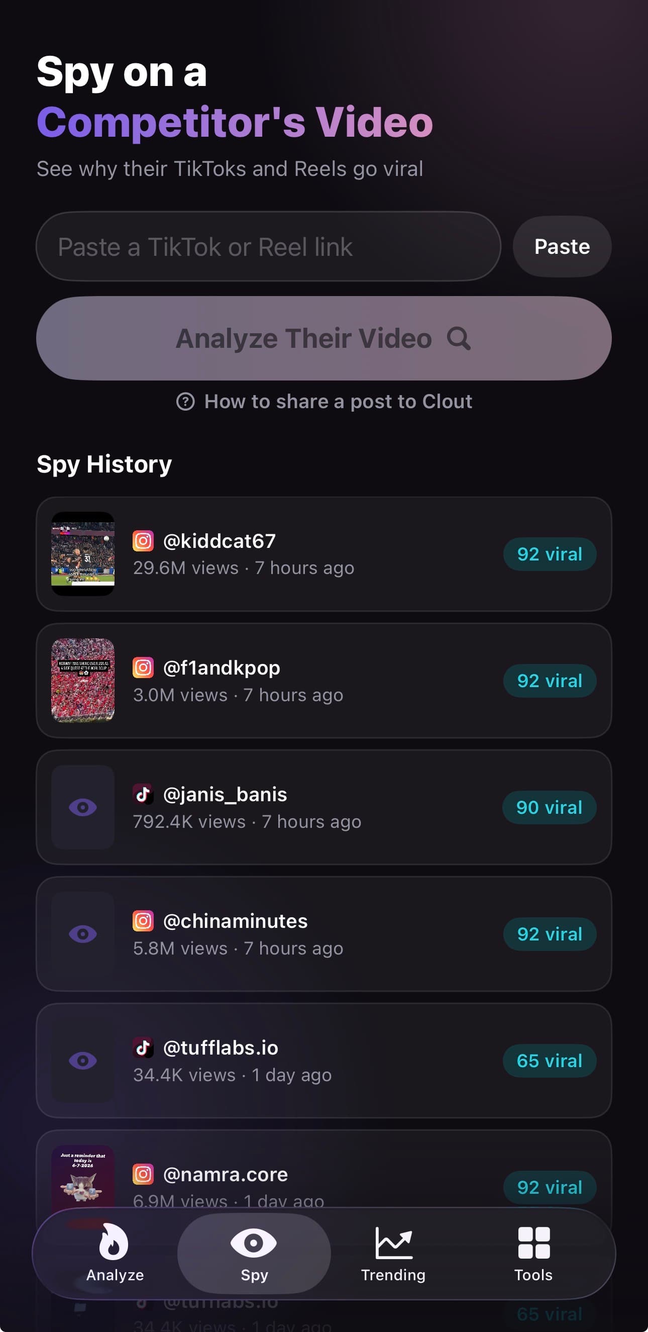 Clout Competitor Spy with a TikTok or Reel paste field and real view counts